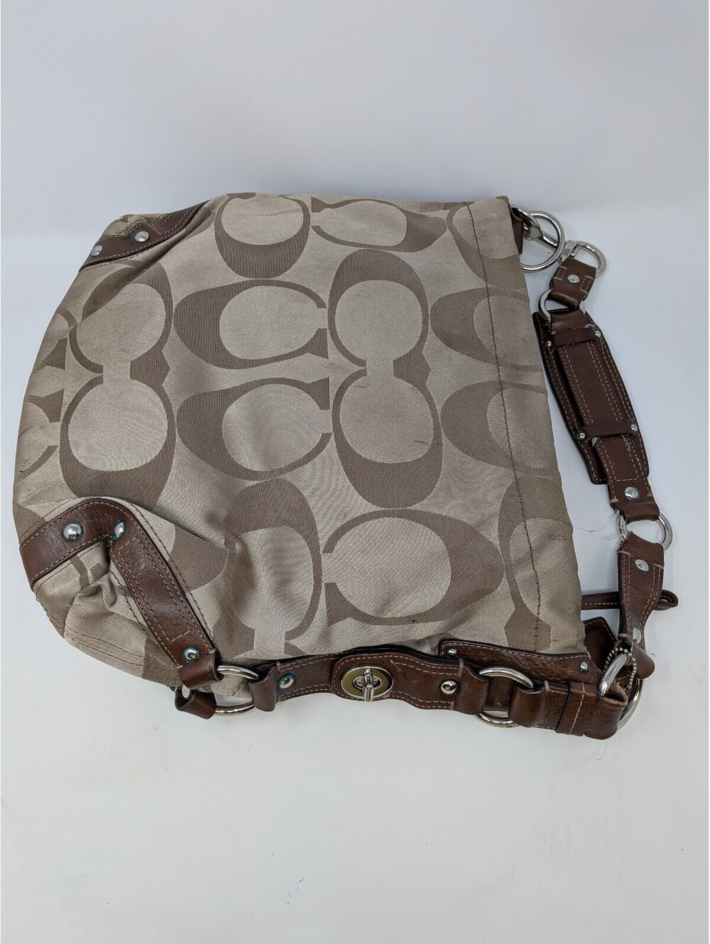 Coach Signature Lurex Carly Hobo Bag Metallic Khaki Tan Pink Lining 13306